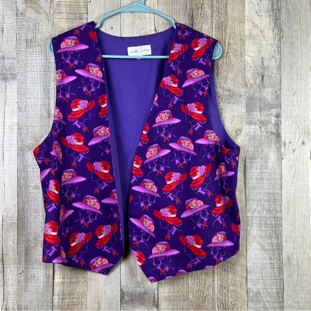 Handmade Touch by Joyce Red Hat Print on A Purple Vest open front